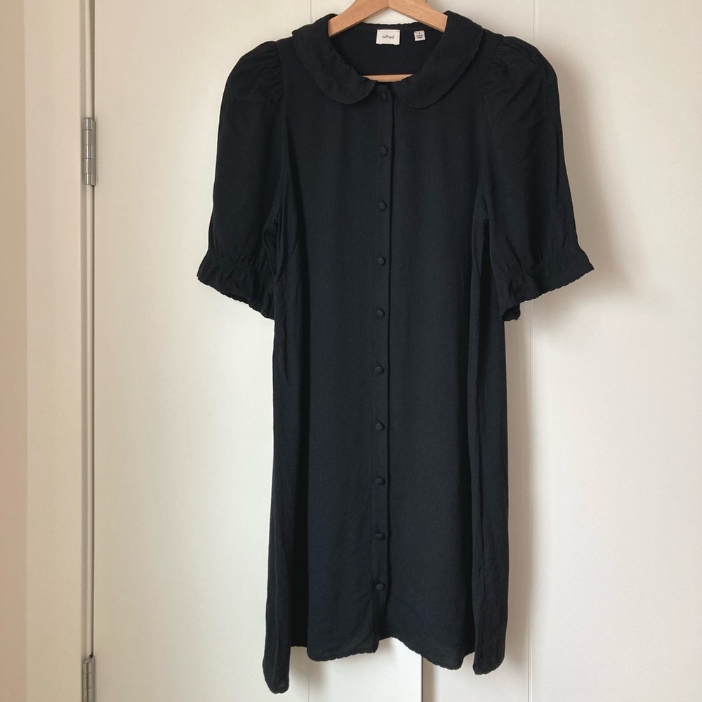 Wilfred Poppins Black Collared Button-Up Puff Sleeve Mini Dress - Picture 2 of 11